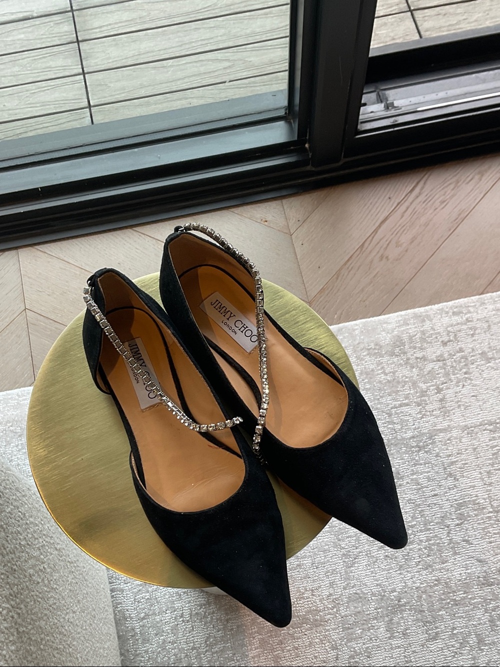 Jimmy Choo Black Suede Pointed-Toe Flats with Crystal Strap Detail